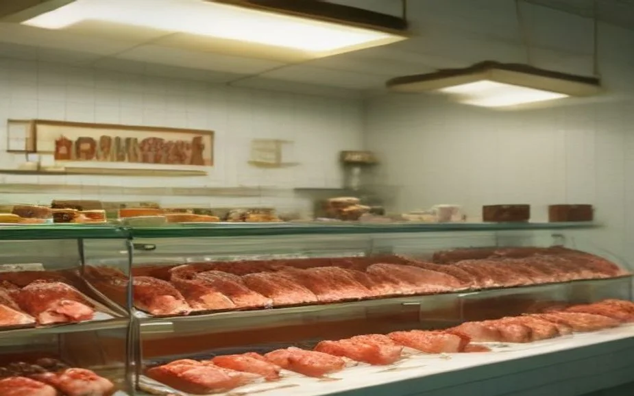 A butcher shop display case of fresh cuts against a tiled wall