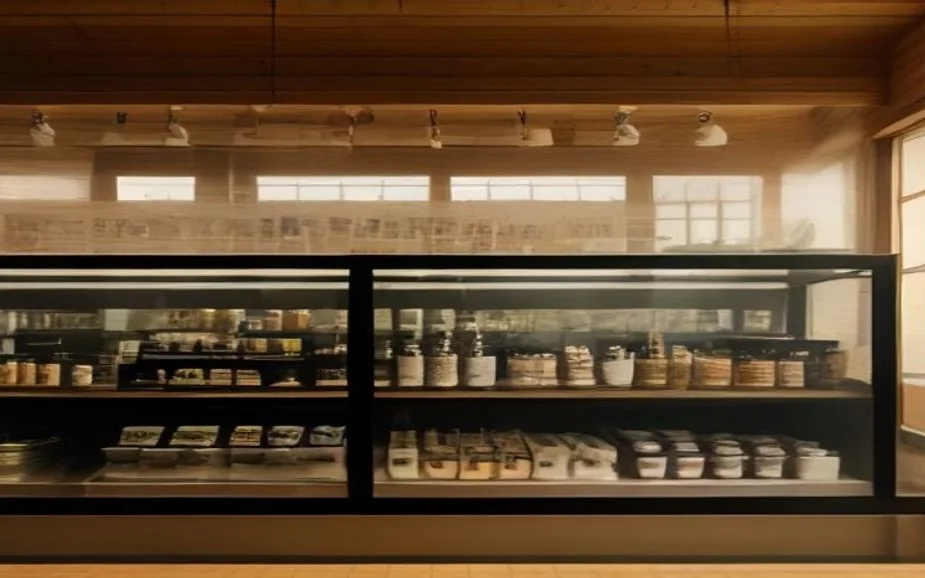 A cafe counter with a display case and an espresso machine
