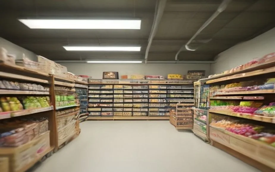 A grocery aisle with crates of fresh produce and stocked shelves