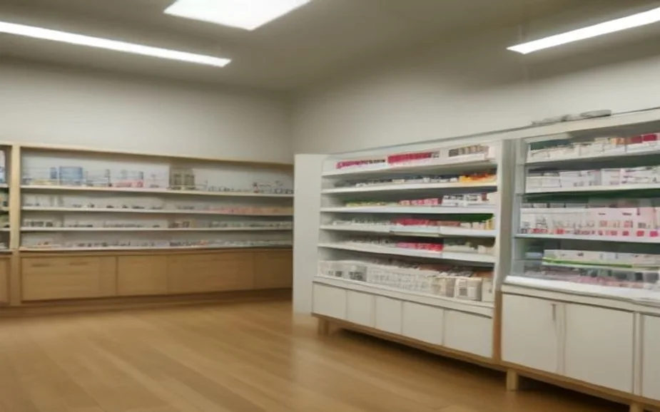 Shelves of medicine boxes behind a pharmacy service counter