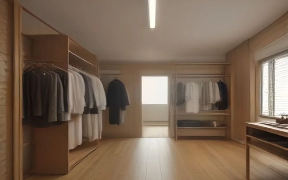 A clothing rail and folded stock on wooden shelves in a boutique