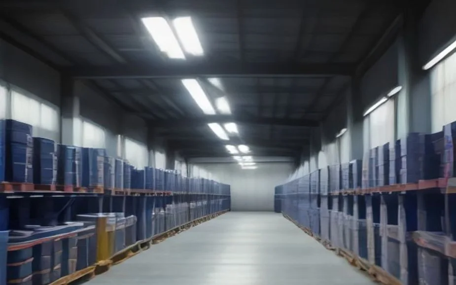 A warehouse aisle with loaded pallet racking on both sides